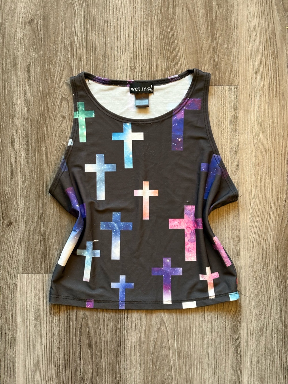 Wet Seal Black Tank Top with Multicolor Galaxy Crosses